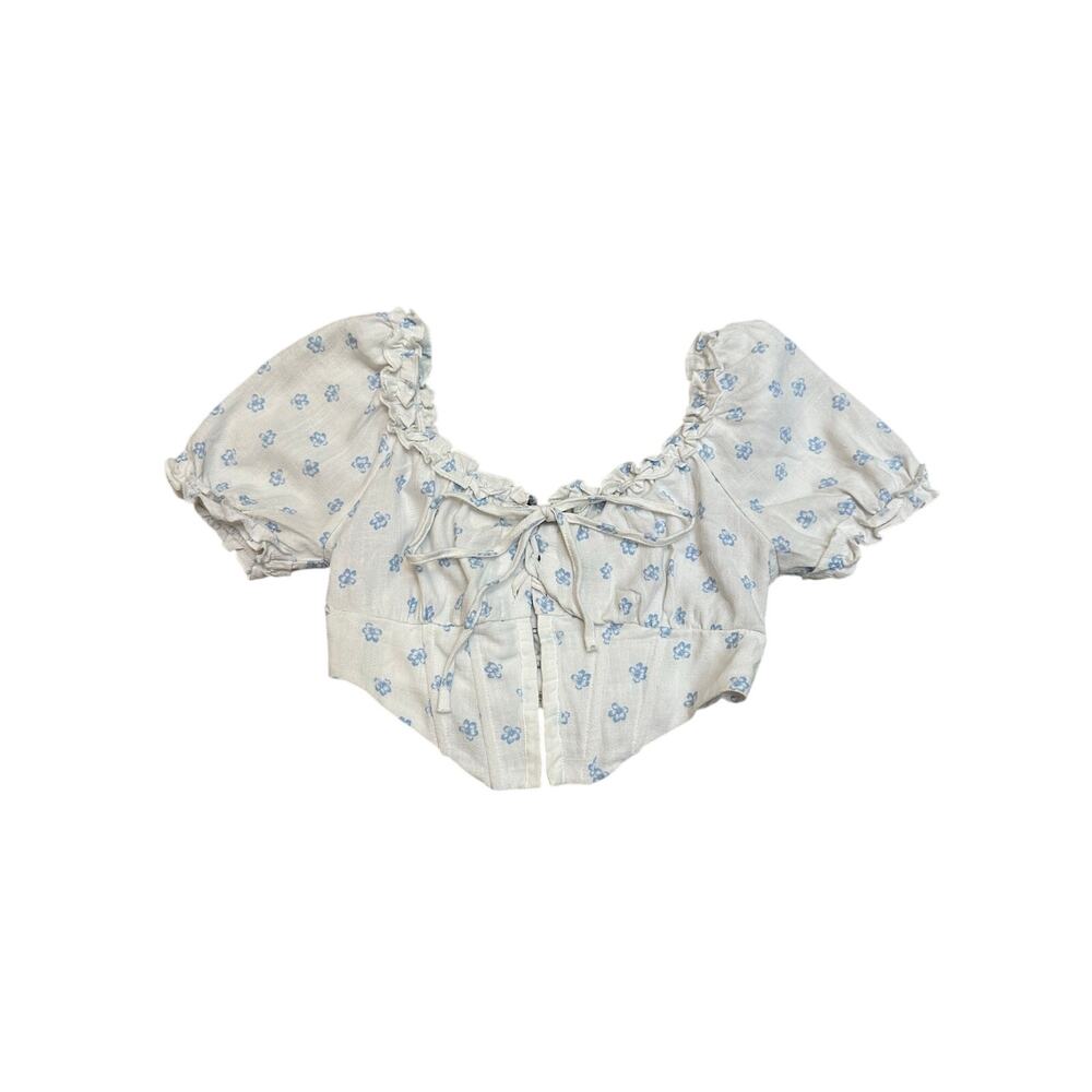 L.A. Hearts Floral Puff Sleeve‎ Corset Crop Top XS White Blue Linen Blend - Picture 2 of 10